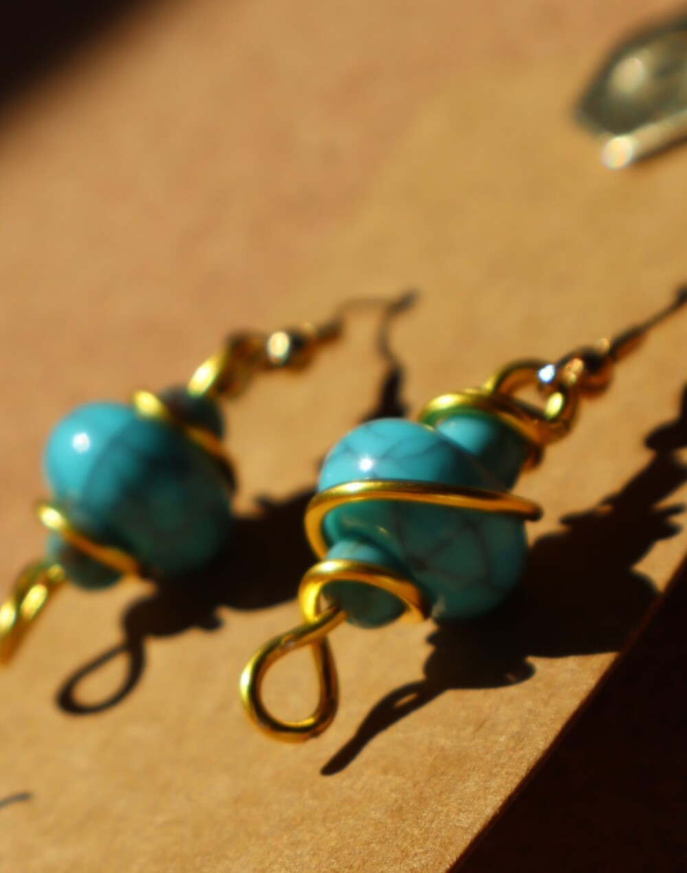 Handcrafted Turquoise Bead Gold Wire Wrap Earrings - Women Jewelry
